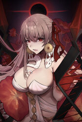 Rule 34 | 13addendum, 1girl, absurdres, bare shoulders, body markings, bracelet, breasts, cleavage, colored skin, dress, durga (fate), earrings, fate/grand order, fate (series), flower, gradient skin, grey hair, hair ribbon, highres, jewelry, large breasts, long hair, looking at viewer, open mouth, outstretched arm, pelvic curtain, red eyes, red ribbon, red skin, revealing clothes, ribbon, snake, solo, thumb ring, weapon, white dress, white snake