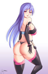 Rule 34 | 1girl, absurdres, ass, ass grab, bare shoulders, blue hair, blush, boots, bra, breasts, deep skin, elbow gloves, embarrassed, from behind, gloves, highres, huge ass, iris heart, large breasts, legs, long hair, looking at viewer, neptune (series), open mouth, purple eyes, shiny skin, sideboob, solo, sonker l, thick thighs, thigh boots, thighhighs, thighs, thong, underwear, very long hair, wide hips