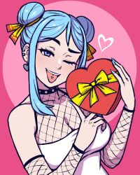Rule 34 | 1girl, akairiot, bare shoulders, blue hair, blush, box, breasts, choker, cleavage, commentary, double bun, ear piercing, fishnets, hair bun, heart-shaped box, highres, iru may (akairiot), long hair, looking at viewer, medium breasts, original, piercing, purple eyes, sidelocks, smile, solo, symbol-only commentary, thick eyebrows, tongue, tongue out, tongue piercing, upper body, valentine