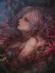 Rule 34 | 1girl, bare shoulders, cinderella (sinoalice), commentary request, detached collar, flower, from side, highres, long hair, pink hair, purple eyes, sinoalice, solo, yamamoto no ari