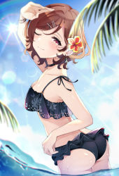 Rule 34 | 1girl, ass, bikini, black bikini, black choker, blue sky, blurry, blurry foreground, blush, brown hair, choker, closed mouth, commentary request, day, earrings, flower, frilled bikini, frills, from behind, hair flower, hair ornament, hairclip, half-closed eye, hibiscus, highres, higuchi madoka, idolmaster, idolmaster shiny colors, jewelry, leaf print, lens flare, looking at viewer, looking back, mole, mole under eye, one eye closed, palm tree, partially submerged, partially underwater shot, print bikini, purple eyes, shading eyes, short hair, sky, smile, solo, spiked choker, spikes, standing, sun, sunlight, swept bangs, swimsuit, tree, umeume (totoya), underwater, wading, water, water drop, wet