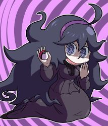 Rule 34 | 1girl, coonstito, creatures (company), dress, female focus, game freak, hex maniac (pokemon), highres, long hair, looking at viewer, nail polish, nintendo, npc trainer, poke ball, pokemon, pokemon xy, purple background, shoes, simple background, smile, solo, two-tone background, very long hair