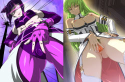 Rule 34 | breasts, breasts out, c.c., capcom, code geass, comparison, from below, han juri, hinoki (hinoki-buro), invide, looking down, pussy, spread pussy, street fighter, street fighter iv (series), thighhighs, third-party edit, uncensored