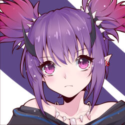 Rule 34 | 1girl, arknights, black horns, black shirt, closed mouth, collarbone, earrings, eyelashes, frown, horns, jewelry, lava (arknights), looking at viewer, necklace, pointy ears, portrait, purple eyes, purple hair, shirt, spikes, twintails, varinr