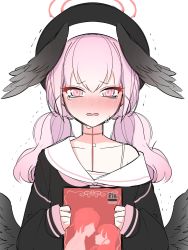 Rule 34 | 1girl, black shirt, blue archive, blush, crying, full-face blush, gange ju, geju gan, halo, head wings, highres, koharu (blue archive), long hair, long sleeves, looking at viewer, low twintails, low wings, off shoulder, open mouth, pink eyes, pink hair, pornography, ringed eyes, sailor collar, shirt, simple background, solo, tearing up, trembling, twintails, white background, white sailor collar, wings