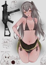 bikini breasts chibi clothes_lift explosive girls&#039;_frontline grenade gun heart heart-shaped_pupils nipples sabashi scar scar_across_eye see-through sketch skirt skirt_lift small_breasts sweat swimsuit symbol-shaped_pupils thigh_gap tongue tongue_out translation_request ump45_(girls&#039;_frontline) weapon