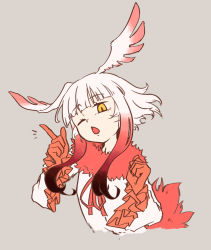 Rule 34 | 1girl, bird tail, blunt bangs, chestnut mouth, fur collar, gloves, gradient hair, grey background, hand up, head wings, highres, index finger raised, jacket, japanese crested ibis (kemono friends), kemono friends, long hair, long sleeves, looking at viewer, mountain han, multicolored hair, neck ribbon, one eye closed, open mouth, orange gloves, red hair, red ribbon, ribbon, short hair, simple background, solo, tail, upper body, white hair, white jacket, wings, yellow eyes