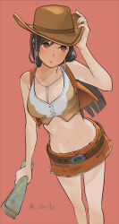 Rule 34 | 1girl, adjusting clothes, adjusting headwear, bare shoulders, belt buckle, black hair, blunt ends, blush, breasts, brown hat, brown skirt, brown vest, buckle, buttons, cleavage, cowboy hat, cowboy shot, cowgirl (western), crisis core final fantasy vii, crop top, final fantasy, final fantasy vii, hat, highres, holding, holding map, leather skirt, leather vest, long hair, map, medium breasts, midriff, miniskirt, navel, official alternate costume, parted lips, pink background, red eyes, shillo, shirt, skirt, sleeveless, sleeveless shirt, solo, tifa lockhart, tifa lockhart (cowgirl), turquoise (gemstone), twitter username, vest, white shirt