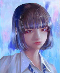Rule 34 | 1girl, blue necktie, bob cut, brown eyes, brown hair, closed mouth, collared shirt, highres, looking at viewer, necktie, original, portrait, red lips, shirt, smile, solo, wataboku, white shirt, wing collar