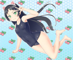Rule 34 | 10s, 1girl, animal ears, armpits, barefoot, black hair, black one-piece swimsuit, blue background, cat ears, cherry, fake animal ears, food, from side, fruit, full body, gradient background, green eyes, hair intakes, halftone, hazuki kurumi, hip focus, kaitou tenshi twin angel, legs together, long hair, one-piece swimsuit, outline, parted bangs, salute, school swimsuit, shougi (116), skin tight, solo, swimsuit, twin angel, v, very long hair, white outline, wide hips