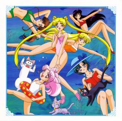 Rule 34 | 1990s (style), 6+girls, aino minako, arm behind head, arm up, armpits, artemis (sailor moon), bikini, bishoujo senshi sailor moon, black eyes, black hair, blonde hair, blue eyes, blue hair, blue one-piece swimsuit, book, breasts, brown hair, casual one-piece swimsuit, cat, chibi usa, cleavage, closed eyes, cone hair bun, crescent, crescent facial mark, crossed legs, double bun, facial mark, goggles, green one-piece swimsuit, hair bobbles, hair bun, hair ornament, hat, high ponytail, highres, hino rei, holding, holding book, index finger raised, innertube, kino makoto, long hair, looking at viewer, luna (sailor moon), midriff, mizuno ami, multiple girls, navel, official art, one-piece swimsuit, one eye closed, open book, open mouth, orange one-piece swimsuit, outstretched arm, pink footwear, pink hair, pink one-piece swimsuit, reading, red bikini, red eyes, red footwear, retro artstyle, short hair, smile, sun hat, swim ring, swimsuit, tsukino usagi, twintails, very long hair, white one-piece swimsuit