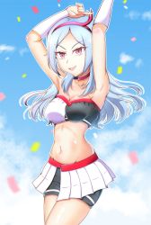 Rule 34 | 1girl, :d, armpits, arms up, black shorts, breasts, choker, cleavage, collarbone, cowboy shot, detached sleeves, eas (fresh precure!), floating hair, fresh precure!, groin, hairband, higashi setsuna, highres, kaatsu katsurou, long hair, medium breasts, midriff, navel, open mouth, overskirt, parted bangs, pleated skirt, precure, red eyes, red hairband, shiny skin, short shorts, shorts, silver hair, skirt, smile, solo, standing, stomach, strapless, white skirt, white sleeves