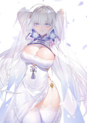 Rule 34 | 1girl, absurdres, ahoge, arms behind head, azur lane, blue eyes, blush, breasts, china dress, chinese clothes, cleavage, dress, garter straps, hair ornament, highres, horz, illustrious (azur lane), illustrious (maiden lily&#039;s radiance) (azur lane), large breasts, long hair, looking at viewer, mole, mole under eye, ribbon, smile, solo, thighhighs, white dress, white hair, white thighhighs
