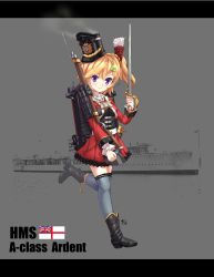 Rule 34 | 1girl, absurdres, anchor, ardent (warship girls r), ascot, belt, black footwear, black hat, black shirt, blonde hair, blush, breasts, character name, closed mouth, clover, clover hair ornament, coat, cropped jacket, emblem, four-leaf clover, grey thighhighs, gun, hair ornament, hat, highres, hms ardent, holding, holding sword, holding weapon, leg up, long sleeves, looking at viewer, machinery, military, military vehicle, official art, photo background, purple eyes, red coat, red skirt, rifle, saber (weapon), scabbard, sheath, ship, shirt, shoes, side ponytail, sirills, skirt, smile, smoke, solo, standing, standing on one leg, sword, text focus, thighhighs, torpedo, union jack, united kingdom, warship, warship girls r, watercraft, weapon, white belt, white ensign, zettai ryouiki