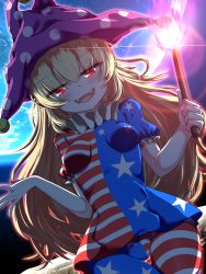 Rule 34 | 1girl, :d, american flag dress, american flag legwear, blonde hair, blue dress, blush, breasts, clownpiece, commentary request, cowboy shot, dress, earth (planet), fangs, hair between eyes, hat, highres, holding, holding torch, jester cap, long hair, looking at viewer, open mouth, pantyhose, planet, polka dot, polka dot headwear, purple hat, rankasei, red dress, red eyes, short dress, small breasts, smile, solo, space, star (symbol), star print, striped clothes, striped dress, taut clothes, taut dress, torch, touhou, very long hair