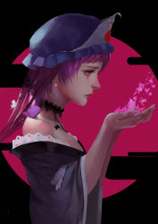 Rule 34 | 1girl, absurdres, bare shoulders, black neckwear, choker, cupping hands, dzs (avpxiaolei), earrings, floral print, hat, highres, japanese clothes, jewelry, kimono, lips, mob cap, off shoulder, own hands together, parted lips, petals, pink eyes, pink hair, profile, saigyouji yuyuko, short hair, solo, touhou, triangular headpiece, upper body, veil, wide sleeves