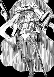 Rule 34 | 10s, 1girl, absurdres, abyssal ship, breasts, cannon, cape, gloves, glowing, glowing eye, greyscale, headgear, highres, kantai collection, large breasts, long hair, monochrome, monster, personification, ryo (liver sashi daisuki!), scan, solo, wo-class aircraft carrier