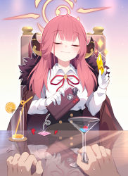 Rule 34 | 1girl, aru (blue archive), black skirt, blue archive, blush, bolo tie, buttons, chair, cherry, closed eyes, closed mouth, cocktail glass, collared shirt, commentary, condom, credit card, cup, drinking glass, drinking straw, food, fruit, fur-trimmed jacket, fur trim, glass, gloves, halo, high-waist skirt, highres, holding, holding wallet, horns, jacket, jacket on shoulders, juice, kagami (galgamesion), long sleeves, on chair, orange (fruit), orange juice, orange slice, pink hair, pov, pov hands, purple jacket, reflection, revision, shirt, sidelocks, sitting, skirt, smile, smirk, smug, solo, sparkle, wallet, white gloves, white shirt
