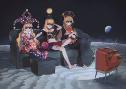 Rule 34 | 3d glasses, 3girls, adapted costume, alternate legwear, american flag dress, american flag gloves, american flag legwear, american flag print, bare shoulders, barefoot, black dress, black hat, black shirt, blonde hair, chain, chromatic aberration, closed mouth, clothes writing, clownpiece, collar, commentary, couch, crossed arms, crossed legs, crt, dress, earth (planet), elbow gloves, english commentary, expressionless, food, footstool, gloves, hat, hecatia lapislazuli, hecatia lapislazuli (moon), highres, jester cap, junko (touhou), lips, long hair, long sleeves, midriff, miniskirt, momijigari, moon, multicolored clothes, multicolored skirt, multiple girls, navel, neck ruff, no shoes, off-shoulder shirt, off shoulder, on moon, planet, polka dot, popcorn, print gloves, purple hat, red eyes, ribbon, shirt, short dress, short sleeves, sitting, skirt, sleeveless, sleeveless dress, space, star (sky), star (symbol), star print, striped, t-shirt, tabard, television, thighhighs, touhou, wavy hair, wide sleeves, yellow ribbon