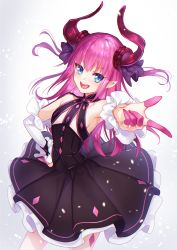 Rule 34 | 10s, 1girl, black dress, blush, commentary request, dragon girl, dragon horns, dragon tail, dress, elizabeth bathory (fate), elizabeth bathory (fate/extra ccc), elizabeth bathory (first ascension) (fate), eyes visible through hair, fate/extra, fate/extra ccc, fate/grand order, fate (series), green eyes, hair between eyes, hair ribbon, highres, horns, long hair, looking at viewer, open mouth, pink hair, pointy ears, ribbon, simple background, solo, tail, teeth, xxxpechkaxxx