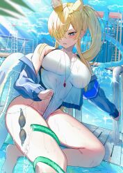 Rule 34 | 1girl, animal ears, bare legs, barefoot, blonde hair, blue archive, blue eyes, blue halo, blue jacket, blush, breasts, chair, clenched teeth, competition swimsuit, day, dog ears, extra ears, hair over one eye, halo, highres, hose, jacket, jinbei (user tpny4757), kanna (blue archive), kanna (swimsuit) (blue archive), large breasts, lifebuoy, long hair, long sleeves, official alternate costume, one-piece swimsuit, open clothes, open jacket, outdoors, ponytail, pool, pool ladder, sharp teeth, solo, swim ring, swimsuit, teeth, water, whistle, whistle around neck, white one-piece swimsuit