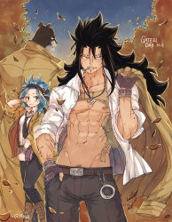 Rule 34 | 1girl, 2boys, autumn leaves, black hair, black headband, black neckwear, black pants, blue hair, blush, bracelet, brown coat, brown eyes, brown footwear, chin piercing, coat, collarbone, collared shirt, day, dress shirt, fairy tail, fingerless gloves, gajeel redfox, gloves, grey gloves, hand in own hair, hand in pocket, headband, highres, holding, jewelry, levy mcgarden, long hair, looking at viewer, looking back, male focus, male pubic hair, manly, mouth hold, multiple boys, necklace, necktie, nose piercing, open clothes, open shirt, outdoors, pantherlily, pants, piercing, pubic hair, rusky, shirt, smile, spiked hair, trench coat, twitter username, very long hair, white shirt, wing collar
