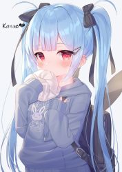Rule 34 | 1girl, absurdres, animal print, backpack, bag, baozi, black bow, blue hair, blush, bow, commentary request, drawstring, eating, food, grey background, grey hoodie, hair bow, hair ornament, hairclip, hands up, highres, holding, holding food, hood, hood down, hoodie, long hair, long sleeves, looking at viewer, original, print hoodie, rabbit print, red eyes, simple background, sleeves past wrists, solo, tsukiman, twintails, upper body, very long hair