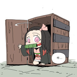Rule 34 | 1girl, bamboo, bit gag, black hair, box, checkered sash, chibi, chinese commentary, chinese text, commentary request, gag, hair ribbon, haori, highres, in box, in container, japanese clothes, kamado nezuko, kimetsu no yaiba, kimono, kneeling, looking at viewer, miin miin, multicolored hair, obi, opening door, pink eyes, pink kimono, pink ribbon, red hair, ribbon, sash, simple background, solo, speech bubble, white background