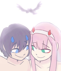 Rule 34 | 10s, 1boy, 1girl, black hair, blue eyes, blue horns, couple, darling in the franxx, green eyes, hetero, highres, hiro (darling in the franxx), horns, live4love136, long hair, looking at another, oni horns, pink hair, red horns, short hair, topless male, zero two (darling in the franxx)