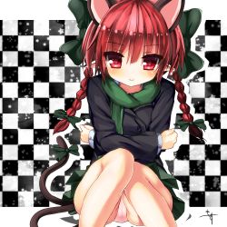 Rule 34 | 1girl, alternate costume, animal ears, bell, bow, braid, cat ears, cat tail, crossed arms, extra ears, greatmosu, hair bow, highres, jacket, kaenbyou rin, long sleeves, looking at viewer, multiple tails, nekomata, panties, pantyshot, pink panties, pleated skirt, pointy ears, red eyes, red hair, scarf, shirt, sitting, skirt, smile, solo, tail, tail bell, tail ornament, touhou, twin braids, underwear, upskirt