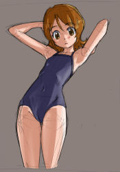 Rule 34 | 10s, 1girl, brown eyes, brown hair, grey background, happinesscharge precure!, looking at viewer, one-piece swimsuit, oomori yuuko, precure, rohitsuka, short hair, simple background, sketch, solo, swimsuit