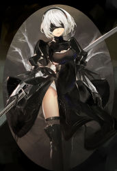 Rule 34 | 1girl, black dress, black gloves, black thighhighs, blindfold, breasts, center opening, cleavage, dress, facing viewer, gloves, hairband, highres, holding, holding sword, holding weapon, katana, long sleeves, medium breasts, mole, mole under mouth, nier (series), nier:automata, panties, parted lips, puffy long sleeves, puffy sleeves, revision, saberiii, short hair, side slit, silver hair, solo, standing, sword, teeth, thighhighs, thighs, underwear, weapon, white panties, 2b (nier:automata)