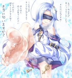 Rule 34 | 1girl, barefoot, blindfold, blue hair, feet, female focus, foot focus, foot up, hair ornament, highres, kyuutou (kyuutouryuu), light blue hair, long hair, looking at viewer, open mouth, original, soles, steam, toes, translated