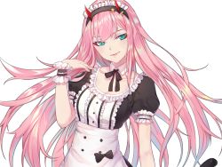 Rule 34 | 10s, 1girl, alternate costume, apron, darling in the franxx, enmaided, green eyes, horns, kaiend, long hair, looking at viewer, maid, maid headdress, pink hair, short sleeves, simple background, smile, solo, very long hair, white apron, white background, zero two (darling in the franxx)