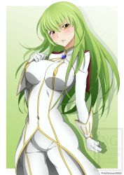 1girl artist_name border breasts c.c. code_geass female_focus gloves green_hair highres large_breasts light_blush lips long_hair railtracer8888 simple_background watermark white_border white_gloves yellow_eyes