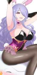 Rule 34 | 1girl, absurdres, animal ears, arm up, armpits, breasts, camilla (fire emblem), camilla (spring) (fire emblem), choker, cleavage, fake animal ears, fake tail, fire emblem, fire emblem fates, fire emblem heroes, hair over one eye, highres, large breasts, leotard, long hair, looking at viewer, nintendo, official alternate costume, ondur7538315, open mouth, pantyhose, playboy bunny, purple eyes, purple hair, rabbit ears, rabbit tail, tail