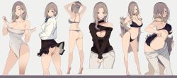 Rule 34 | 1girl, ass, bra, breasts, cleavage, cleavage cutout, clothing cutout, curvy, hair over one eye, highres, huge ass, large breasts, lipstick, makeup, mikoto akemi, multiple views, nail polish, navel, pants, skin tight, skirt, smile, sweater, swimsuit, thong, underwear, undressing