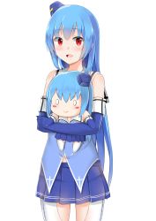 Rule 34 | &gt;:&gt;, 1girl, :&gt;, absurdres, bare shoulders, blue gloves, blue hair, blue skirt, blush, blush stickers, character doll, cowboy shot, hugging doll, dual persona, elbow gloves, ero mang-a, gloves, hat, highres, long hair, looking at viewer, mini hat, miniskirt, hugging object, open mouth, pleated skirt, quincy (warship girls r), red eyes, skirt, smile, solo, stuffed toy, thighhighs, v-shaped eyebrows, very long hair, warship girls r
