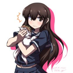 Rule 34 | 1girl, 547th sy, akagi (kancolle), alternate costume, blue serafuku, blue skirt, brown eyes, brown hair, commentary request, dated, eating, food, food on face, burger, highres, kantai collection, long hair, looking at viewer, neckerchief, pleated skirt, school uniform, serafuku, simple background, skirt, solo, straight hair, twitter username, white background, white legwear