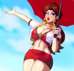Rule 34 | 1girl, absurdres, black shirt, black skirt, blue eyes, breasts, brown hair, cleavage, collarbone, crop top, donkey kong (1981 game), donkey kong (series), earrings, eyelashes, eyeshadow, glint, gold earrings, highres, holding, holding umbrella, jacket, jewelry, large breasts, linkxs, lips, lipstick, long hair, looking at viewer, makeup, mario (series), midriff, navel, nintendo, one eye closed, open clothes, open hand, open jacket, outstretched arm, parted lips, pauline (mario), pencil skirt, purple eyeshadow, race queen, raised eyebrow, red lips, red shirt, red skirt, red umbrella, shiny skin, shirt, short sleeves, skirt, solo, thick lips, umbrella, white jacket, yellow jacket, zipper pull tab