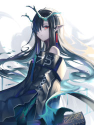 Rule 34 | 1girl, absurdres, arknights, arm tattoo, black hair, black jacket, colored skin, dragon girl, dragon horns, dragon tail, dusk (arknights), earrings, floating hair, from side, green skin, highres, holding, horns, jacket, jewelry, long hair, looking at viewer, pine50, pointy ears, red eyes, scabbard, sheath, simple background, solo, tail, tassel, tassel earrings, tattoo, upper body, very long hair, white background