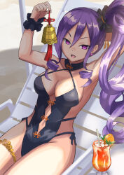 Rule 34 | 1girl, :d, beach chair, bell, black one-piece swimsuit, breasts, cleavage, cup, drinking straw, fate/grand order, fate (series), food, fruit, hair between eyes, highres, holding, holding bell, ksfactory, long hair, looking at viewer, medium breasts, one-piece swimsuit, open mouth, orange (fruit), orange slice, purple eyes, purple hair, scrunchie, side ponytail, sitting, smile, solo, swimsuit, thighs, very long hair, wrist scrunchie, wu zetian (fate), wu zetian (swimsuit caster) (fate), wu zetian (swimsuit caster) (first ascension) (fate)