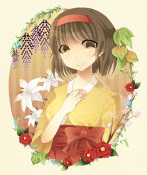 Rule 34 | 00s, 1girl, bad id, bad pixiv id, brown eyes, brown hair, camellia, cherry blossoms, chinese lantern (plant), creatures (company), erika (pokemon), floral background, flower, game freak, gym leader, hairband, hakama, hakama skirt, hand on own chest, japanese clothes, kimono, kuran (mkmrl), lily (flower), looking at viewer, nintendo, pokemon, pokemon frlg, red hakama, sepia background, short hair, skirt, smile, solo, striped, striped background, upper body, vertical stripes, wisteria