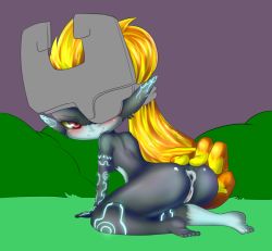Rule 34 | 1girl, anus, artist request, ass, barefoot, blush, feet, female focus, from behind, full body, helmet, looking at viewer, looking back, midna, nature, nintendo, nude, one eye covered, orange hair, outdoors, pointy ears, pussy, red eyes, soles, solo, spread anus, the legend of zelda, the legend of zelda: twilight princess, toes