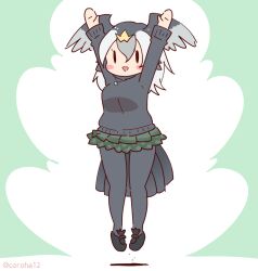 Rule 34 | 1girl, arms up, bird girl, bird tail, bird wings, coroha, feathered wings, full body, green background, grey hair, head wings, japanese cormorant (kemono friends), jewelry, jumping, kemono friends, kemono friends 3, long hair, looking at viewer, necklace, pantyhose, shoes, simple background, skirt, solo, sweater, tail, wings
