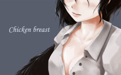 Rule 34 | 1girl, bad id, bad pixiv id, black hair, blush, breasts, cleavage, english text, feathers, female focus, head out of frame, lips, open clothes, open mouth, open shirt, shameimaru aya, shirt, short hair, simple background, smile, solo, touhou, uruo, white shirt, wings