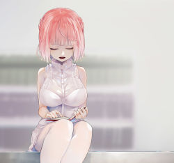Rule 34 | 1girl, blurry, blurry background, book, breasts, closed eyes, dress, feet out of frame, highres, kingyozaka meiro, large breasts, nijisanji, open book, open mouth, pink hair, short hair, sitting, sleeveless, sleeveless dress, smile, solo, susumu, virtual youtuber, white dress