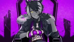 Rule 34 | 1girl, animal ear fluff, barbed wire, black coat, black gloves, black hair, chair, coat, collar, commentary request, crown, unworn crown, english text, finger to mouth, fur-trimmed coat, fur trim, gloves, hair ornament, holding, holding crown, holostars, kageyama shien, king (vocaloid), limited palette, long hair, looking at viewer, male focus, nagiyori, necktie, official art, open clothes, open coat, purple background, purple theme, sitting, smile, solo, straight-on, teeth, upper body, virtual youtuber, vocaloid, white hair, white necktie, yellow eyes