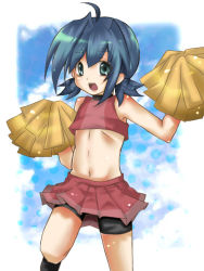 Rule 34 | 10s, 1boy, artist request, bike shorts, blue eyes, blue hair, cardfight!! vanguard, cheerleader, jumping, male focus, matching hair/eyes, navel, open mouth, pom pom (cheerleading), sendou aichi, shorts, skirt, sky, smile, solo, trap, twintails
