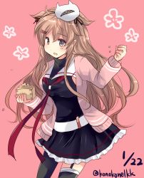 Rule 34 | 1girl, asymmetrical clothes, beans, black ribbon, black serafuku, black skirt, brown eyes, commentary request, cowboy shot, dated, gloves, hair flaps, heterochromia, highres, hirune (konekonelkk), jacket, kantai collection, light brown hair, long hair, looking at viewer, mask, mask on head, masu, murasame (kancolle), neckerchief, one-hour drawing challenge, pink background, pink jacket, pleated skirt, red eyes, red neckerchief, ribbon, school uniform, serafuku, skirt, solo, twitter username, two side up, white gloves